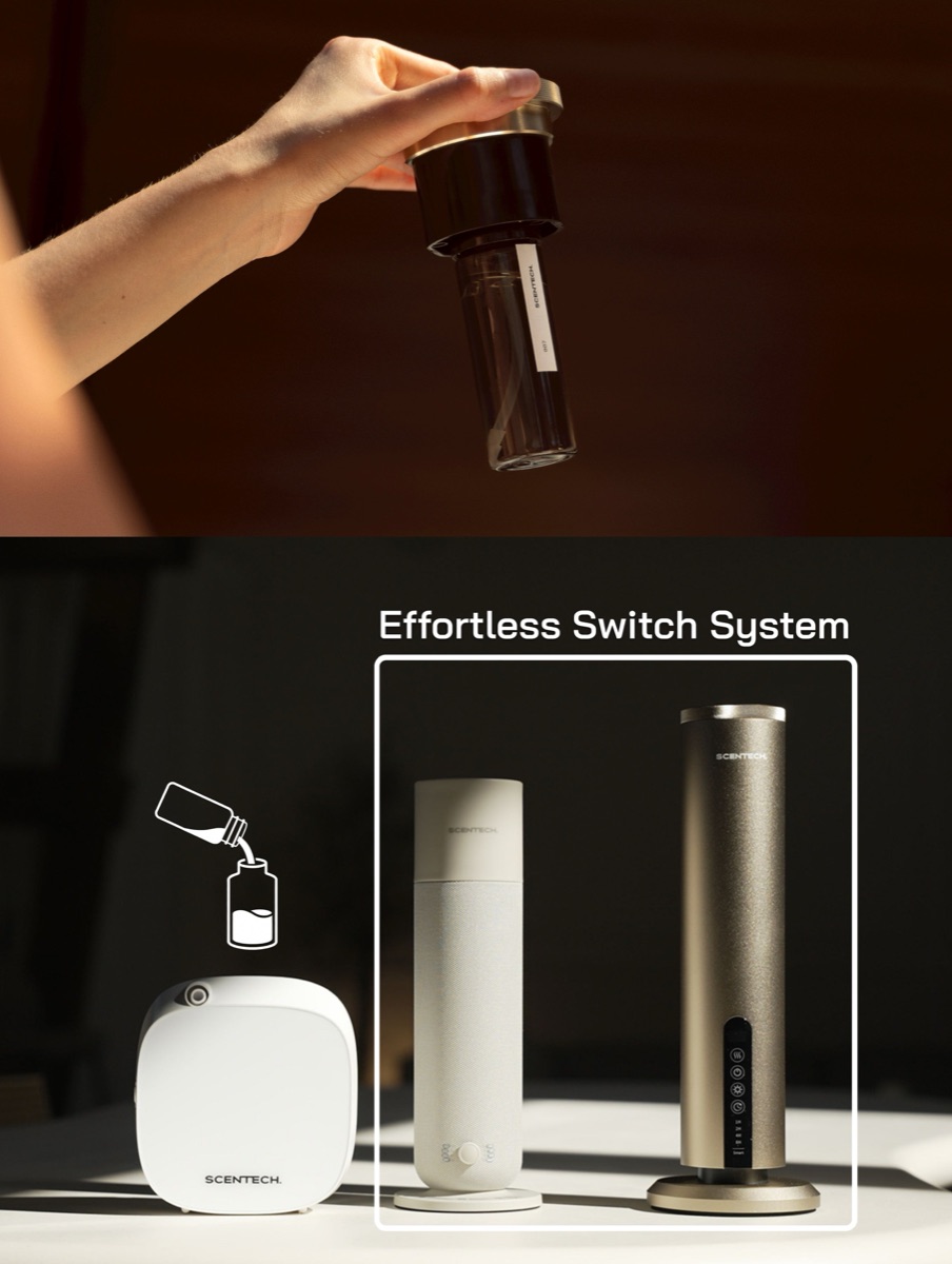 Ein ScentPod 2.0 wird in einen Scentech-Diffuser eingeklickt